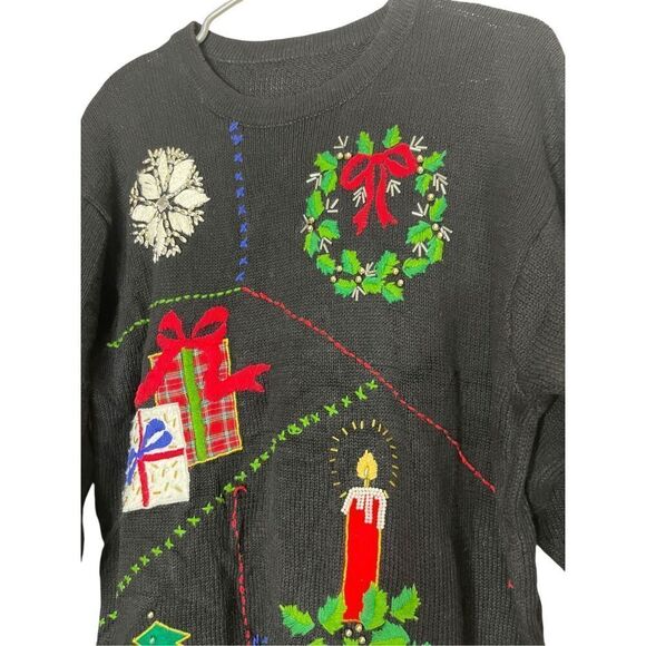 Vintage Ugly Christmas Sweater Embroidered Beaded M/L - Picture 2 of 4